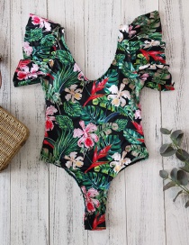 Fashion Green Flower Floral Ruffled Deep V One-piece Swimsuit