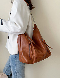 Fashion Brown Stitched Zipper Shoulder Bag