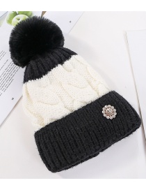 Fashion Black Color Matching Hair Ball Knitting Sun Flower Diamond And Plush Wool Cap