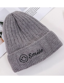 Fashion Gray Embroidered Smiley Plus Velvet Knitted Wool Cap