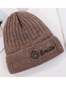 Fashion Coffee Color Embroidered Smiley Plus Velvet Knitted Wool Cap