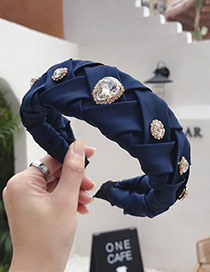 Fashion Navy Cross-knit Pleated Wide-edge Alloy Rhinestone Headband