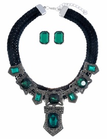 Fashion Black Woven Twist Alloy Pierced Diamond Necklace Earrings Set