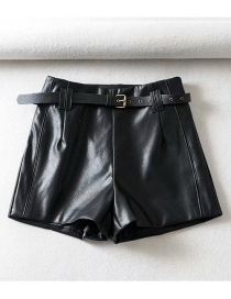 Fashion Black Belted A Word Leather Shorts
