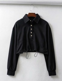 Fashion Black Polo Collar Hem Drawstring Sweater