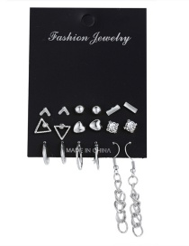 Fashion Silver Geometric Heart-shaped Inlaid Rhinestone Earrings 9 Pairs