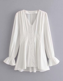 Fashion White Flare Sleeve Pleated V-neck Shirt Dress