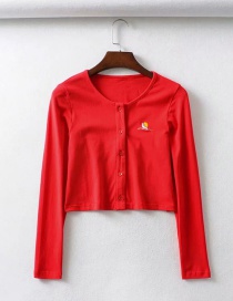 Fashion Red Embroidered Single-breasted Cardigan T-shirt