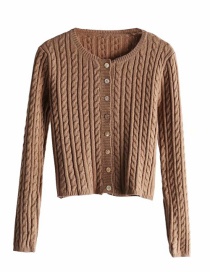 Fashion Khaki Threaded Buttoned Round Neck Cardigan Sweater