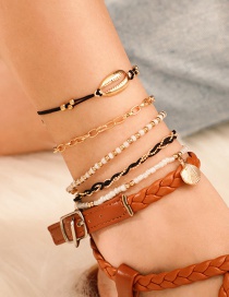 Fashion Gold Rice Beads Shell Multi-layer Chain Scallop Anklet 5 Piece Set