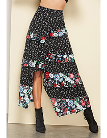 Fashion Black Ruffled Printed Split Skirt