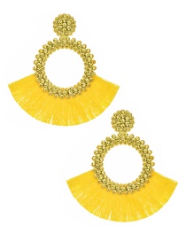 Fashion Yellow Felt Cloth With Diamond Round Tassel Earrings