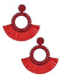 Fashion Red Felt Cloth With Diamond Round Tassel Earrings