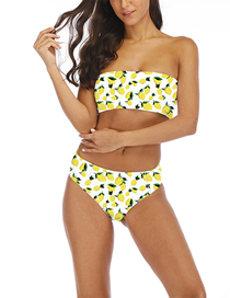 Fashion Yellow Dot Tube Top High Waist Print Split Swimsuit
