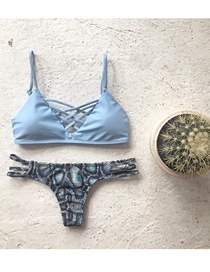 Fashion Light Blue + Crepe Printed Straps Split Swimsuit