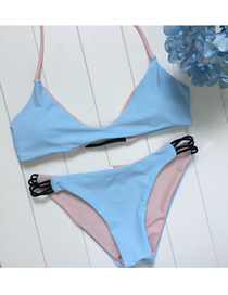 Fashion Light Blue Printed Straps Split Swimsuit