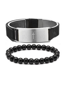 Fashion Black + Black Agate Stainless Steel Scripture Cross Beaded Bracelet Set