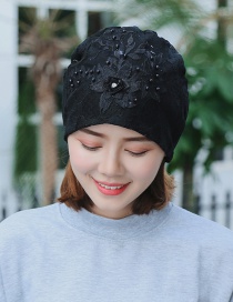 Fashion Black Pearl Flower Lace Double-layered Pile Head Cap
