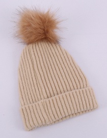 Fashion Beige Faux Fox Fur Ball Vertical Knit Wool Hat