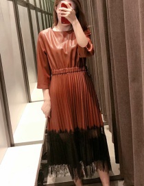 Fashion Coffee Color + Black Stitched Faux Leather Lace Stitching Dress