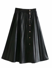 Fashion Black Pleated Pu Leather Single-breasted Skirt