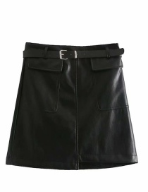 Fashion Black High Waist Pu Leather Belt Skirt