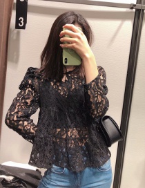 Fashion Black Puff Sleeve Lace Perspective Pullover Shirt
