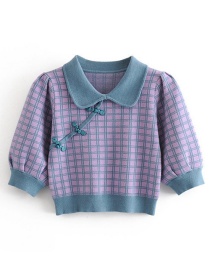 Fashion Purple Button Doll Collar Plaid Bubble Five-point Sleeve Sweater