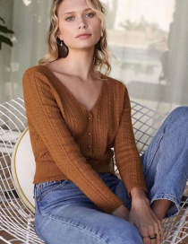 Fashion Coffee Color Stranded Crocheted Knit Short V-neck Single-breasted Cardigan
