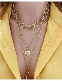 Fashion Gold Sun Flower Smiley Lock Chain Multi-layer Necklace
