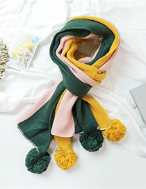 Fashion Dark Green Turmeric Hanging Ball Thickening Stripe Color Matching Double-sided Shawl Scarf