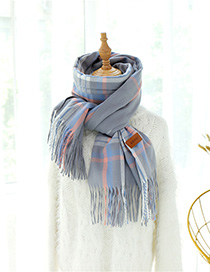 Fashion Gray Blue Fringed Mixed Color Plaid Scarf