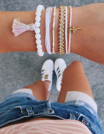 Fashion White Line Woven Rice Beads Coconut Tassel Bracelet 6 Piece Set