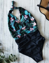 Fashion Leaf Powder Water Lily + Black Pants Bandage Striped One-piece Swimsuit