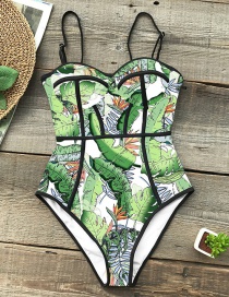 Fashion Green Leaves On White Strap Tube Top Triangle One-piece Swimsuit