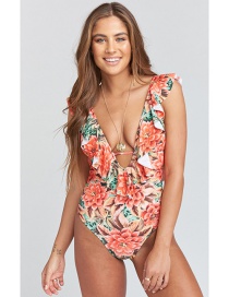 Fashion Safflower Printed Floral Deep V Open Back One-piece Swimsuit