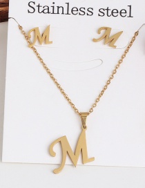Fashion M Gold Stainless Steel Letter Necklace Earrings Two-piece