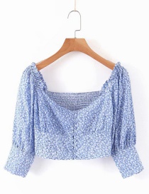 Fashion Blue Square Collar Flower Print Shirt
