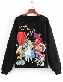 Fashion Black Character Flower Print Sweater