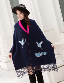 Fashion Navy Blue Rose Cashmere Double Sided Can Be Worn With Sleeve Tassel Cloak Cloak