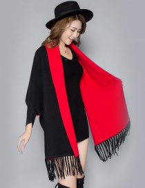 Fashion Black + Red Double-faced Velvet Color Matching Tassel Cloak Shawl Scarf Dual-use