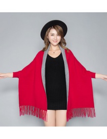 Fashion Wine Red + Gray Double-faced Velvet Color Matching Tassel Cloak Shawl Scarf Dual-use