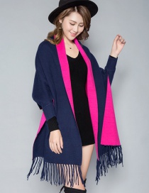 Fashion Navy Blue Rose Double-faced Velvet Color Matching Tassel Cloak Shawl Scarf Dual-use