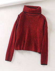 Fashion Rose Red Profiled Lapel Fluorescent Striped Turtleneck Knit Sweater