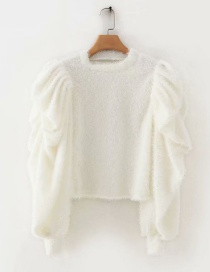 Fashion White Cashmere Puff Sleeves Round Neck Stitching Sweater