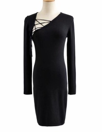 Fashion Black Diagonal Collar String Knit Dress