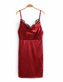 Fashion Red Satin Lace Stitching Dress