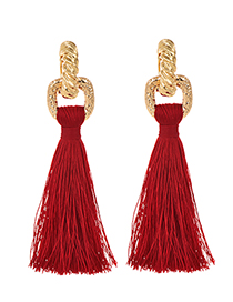 Fashion Red Alloy Chain Cotton Tassel Earrings