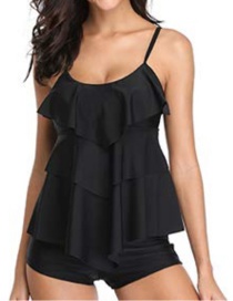 Fashion Black Flat Angle Multi-layered Ruffled Split Swimsuit