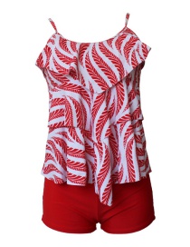 Fashion Red Maple Leaf Flat Angle Multi-layered Ruffled Split Swimsuit